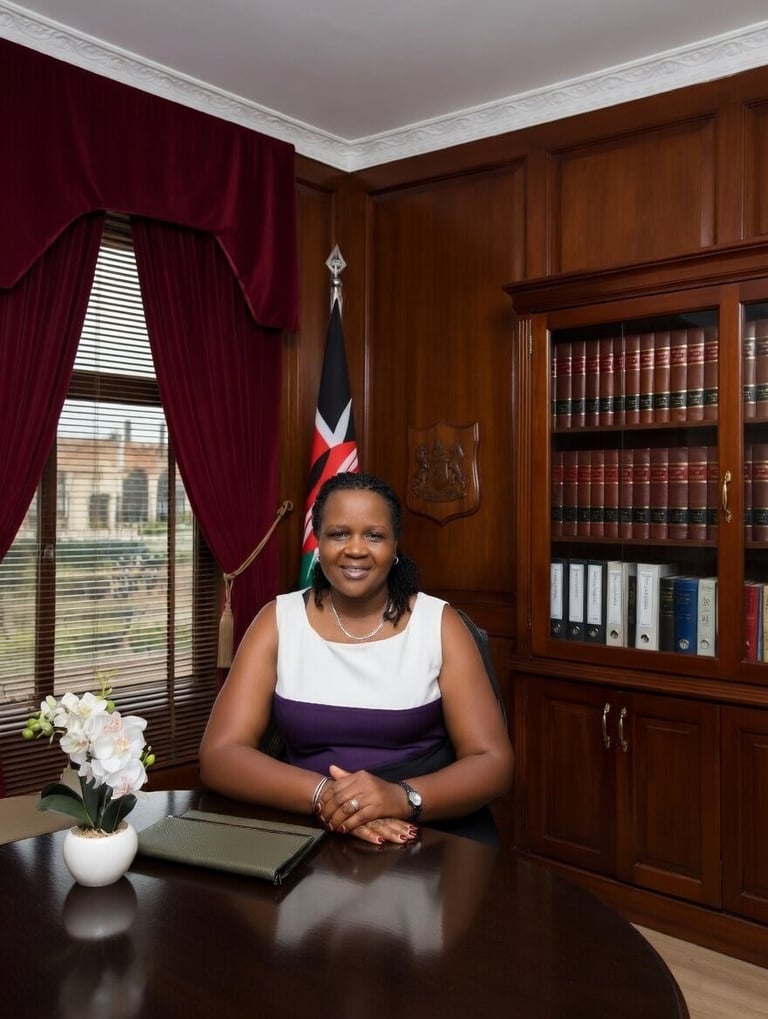 Professional woman at desk in formal office with wooden cabinetry, burgundy curtains, and British flag backdrop